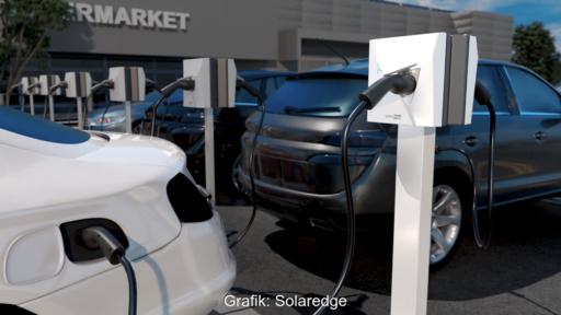 Grafik zeigt Ladestationen im gewerblichen Umfang mit Fahrzeugen.