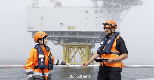 Im Bild zwei 50Hertz Mitarbeitende auf der Ostsee bei der Kontrolle der Offshore-Windenergie.