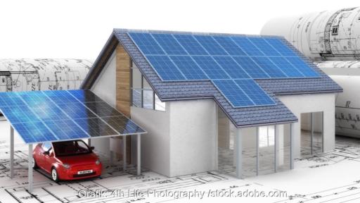 Grafik zeigt Haus mit Photovoltaik-Dach und Auto an Wallbox davor