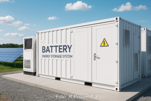 Auf dem Bild ist ein aufgestellter Batteriespeicher neben einer PV-Anlage zu sehen.