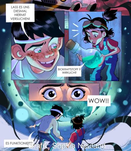 Ausschnitt des Gewinner-Comics, vom Comic-Wettbewerb „Mit Biokraftstoffen in eine positive Zukunft“.