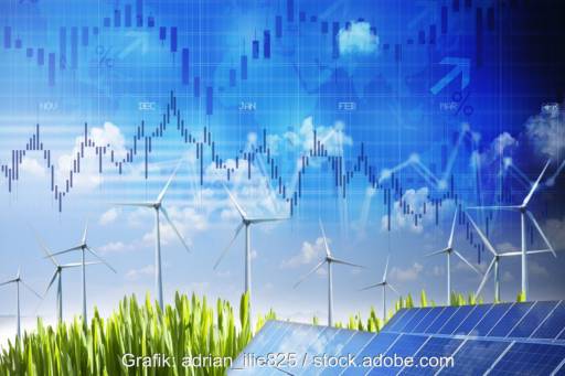 Grafik zeigt Windenergie- und Photovoltaik-Anlage und eine schwankende Kurve als Symbol für Strommarkt und den Aggregator Quadro Energy.