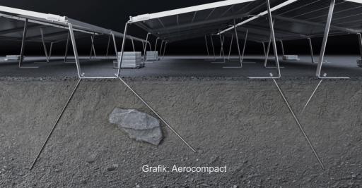 Ein Schema zeigt die Befestigung des Photovoltaik-Montagesystems Compactground GS 10 Plus von Aerocompact.