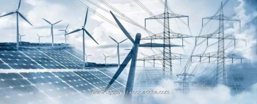 Stromleitungen, Windenergieanlagen und Photovoltaik-Module als Symbol für die Stromvermarktungsplattform Wattmate.