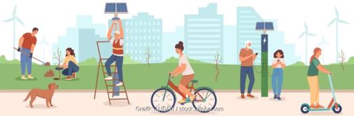 Eine Zeichnung mit Menschen und Photovoltaik-Modulen, Schweizer Forscher schlagen eine solare Grundversorgung vor.