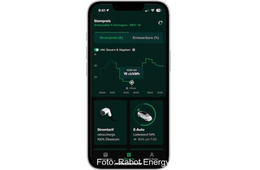 Ein Handy mit App vom Stromanbieter Rabot Energy.