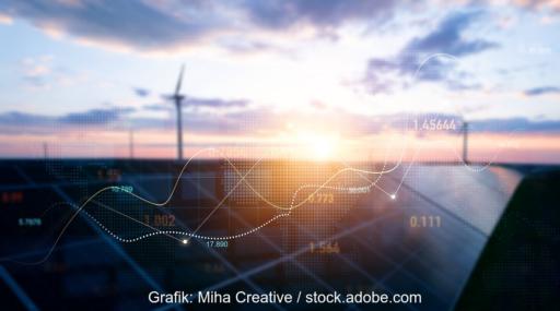 Windenergieanlagen und Photovoltaik mit einer Kurve als Symbol für die Ausschreibung 2025.