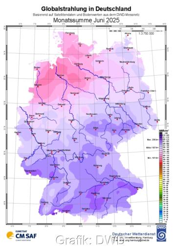Deutschland-Karte mit der Sonneneinstrahlung im Juni 2025.
