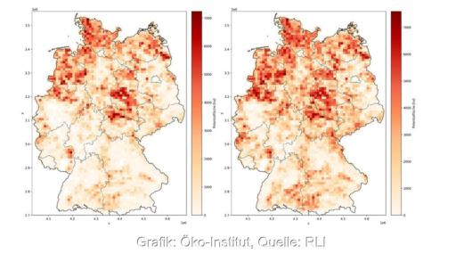 Eine Deutschlandkarte zeigt Potenzialfläche für Windenergie, das Öko-Institut hat die gerechte Verteilung von erneuerbaren Energien untersucht.