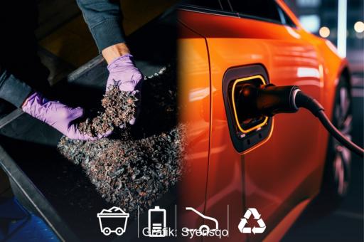 Links „Black Mass“ aus zerkleinerten Batterieelektroden, rechts ein neues E-Auto mit Lithiumhydroxid aus gebrauchten Elektroautobatterien.