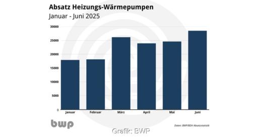 Ein Balkendiagramm zeigt den Absatz von Wärmepumpen in den ersten Monaten 2025, laut BWP waren es mehr als Gasheizungen.