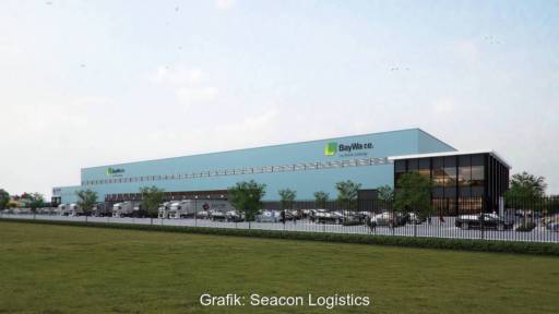 Grafik des von Baywa Logistikzentrum, ein flacher Industriebau mit Baywa r.e. Schriftzug