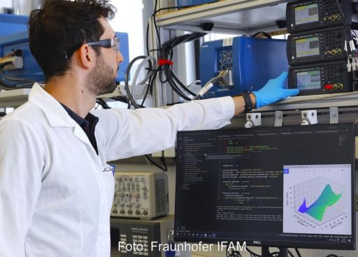 Der Laboraufbau zur computergestützten Echtzeit- Impedanzspektroskopie an einer Lithium-Ionen-Batteriezelle.