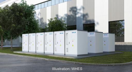 Batteriespeicher vor einer Halle, Baywa re Solar Trade vertreibt WHES-Batteriespeicher.