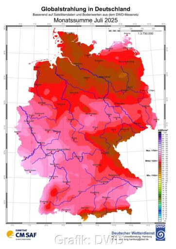 Zu sehen ist eine Deutschland-Karte mit der Sonneneinstrahlung in Deutschland im Juli 2025. Grafik: DWD