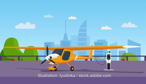 Eine Grafik zeigt ein Elektroflugzeug an einer Ladesäule, Elektroflugzeuge in der Pilotenausbildung sind das Ziel von Bye Aerospace aus den USA.