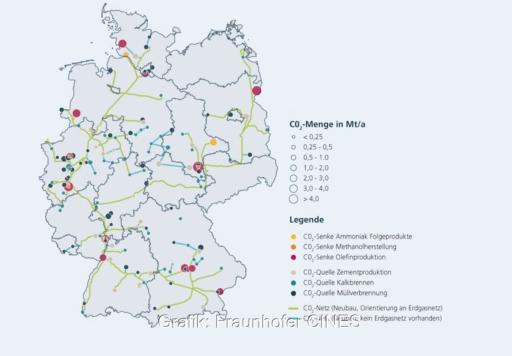 Eine Deutschlandkarte zeigt ein mögliches CO2-Transportnetz für das Jahr 2045.