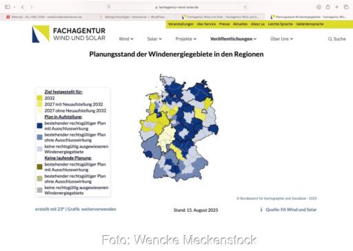 Zu sehen ist ein Screenshot der Webseite der Fachagentur Wind und Solar mit einer interaktiven Karte der in Blau- und Gelbtönen eingefärbten Windenergiegebiete in Deutschland.