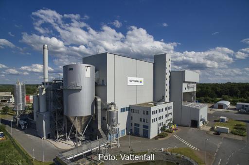 Bild einer Müllverbrennungsanlage aus einer seitlichen Vogelperspektive vor blauem Himmel mit weißen Wolken.