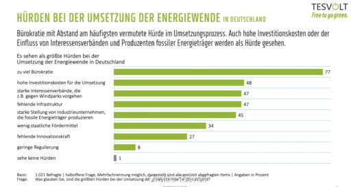 Grünes Balkendiagramm zeigt die Zustimmung zu verschiedenen Hemmnissen der Energiewende laut Umfrage.