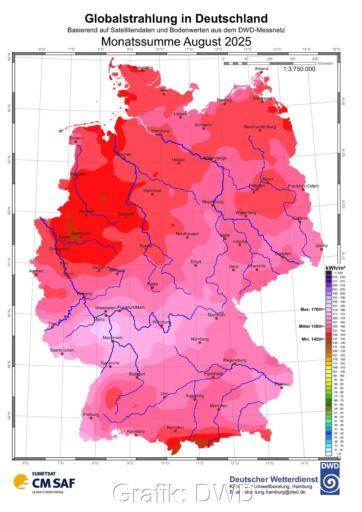 Zu sehen ist eine Deutschland-Karte mit der Sonneneinstrahlung in Deutschland im August 2025.