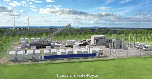 Eine Illustration von Rolls-Royce zeigt den Bau vom Strom-Großspeicher, im Hintergrund Windenergieanlagen und Photovoltaik.