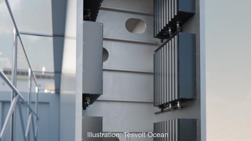 Eine Illustration zeigt, wie das Batteriemodul Compass Core von Tesvolt Ocean in einer engen Nische in einem Schiff platziert ist.