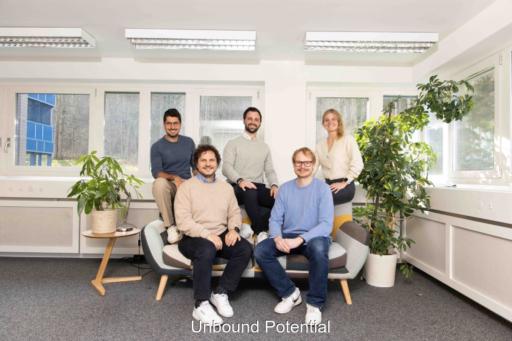 Ein Team von vier Männern und einer Frau platzieren sich leger auf einem Sofa.