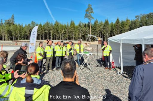 Mehrere Personen bei einer Veranstaltung im Freien an einem Nadelwaldrand.
