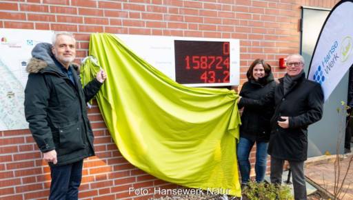 Drei Personen enthüllen eine Energietafel mit aktuellen Angaben zur Wärmeerzeugung.