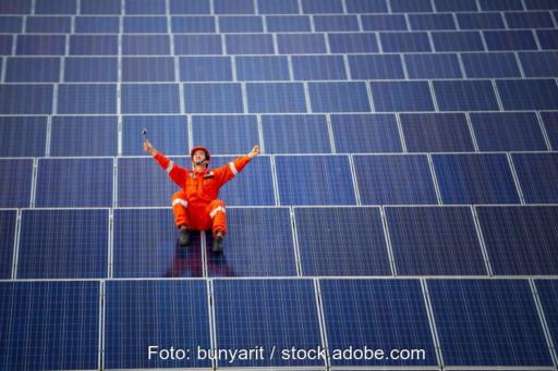 Ein Monteur reißt inmitten eines großen Solarfeldes die Arme vor Freude hoch.