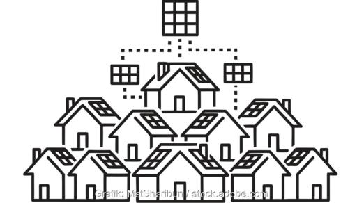 Eine Zeichnung zeigt Häuser mit Solaranlagen, BSW-Solar fordert Rechtssicherheit für Photovoltaik-Kundenanlagen.