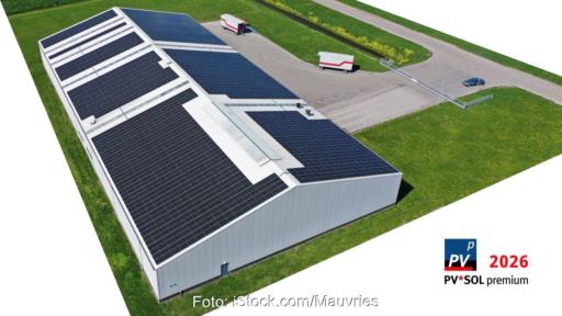 Grafik mit Logo von PVSol sowie Stockfoto von Gewerebhalle mit PV-Dach.