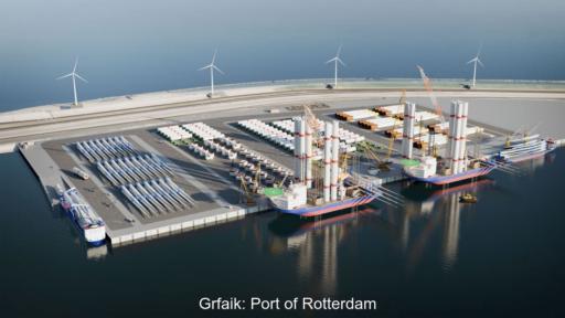 Animation des geplanten Wind-Offshore-Terminals in Rotterdam.