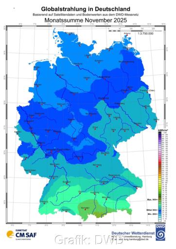 Zu sehen ist eine Deutschland-Karte mit der Sonneneinstrahlung in Deutschland im November 2025.