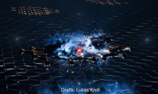 Eine mit Impulsmikroskopie visualisierte Wellenfunktion eines hybriden Exzitons mit Elektron (rot) und Loch (blaue Wolke) für die Solarzellen-Grundlagenforschung.