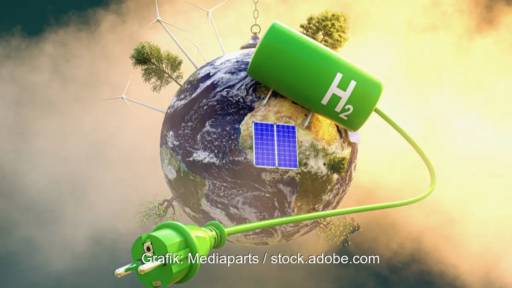 Im Bild eine Erdkugel mit wasserstofftank, Windenergie und Photovoltaik als Symbol für die Fortschreibung der Nationalen Wasserstoffstrategie.