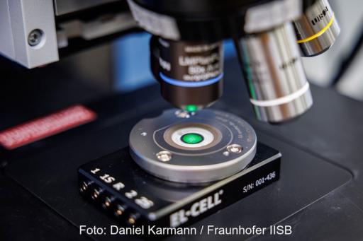 Eine Probe in einem Raman-Mikroskop zur Untersuchung von Materialien für die Aluminium-Ionen-Batterie.