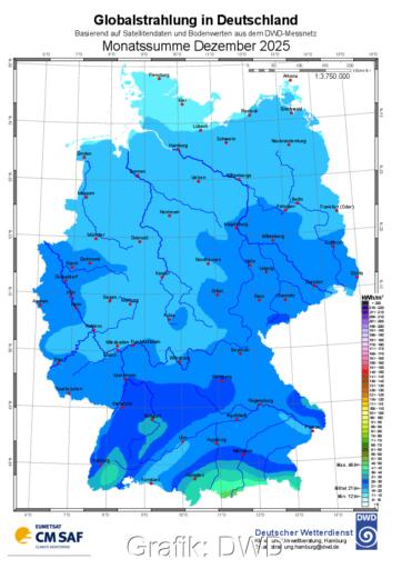 Deutschlandkarte mit Verteilung der Sonneneinstrahlung im Dezembver 2025.
