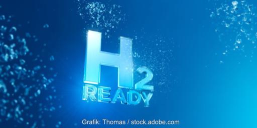 Schriftzug H2Ready auf blauem Hintergrund für Wasser.