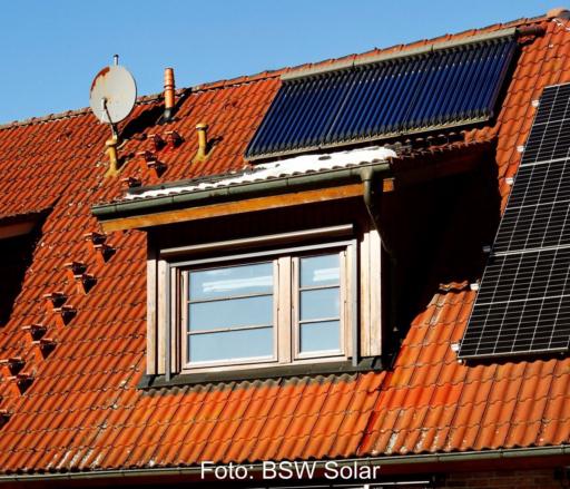 Solarthermie auf einem Schrägdach oberhalb einer Dachgaube.