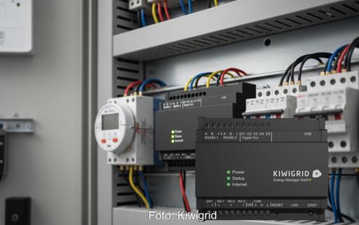 Gerät für Energiemanagement vor einem Schaltschrank.