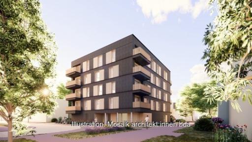 Eine Architektenzeichnung eines würfelförmigen Neubaus in Bremen, der Photovoltaik-Mieterstrom bieten soll.