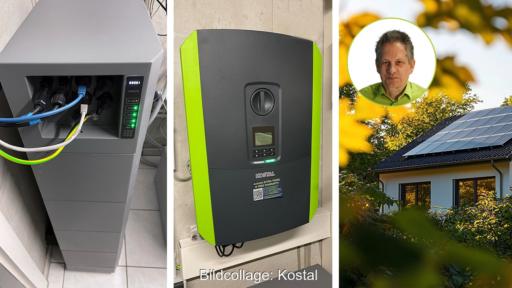 Eine Collage aus Batteriespeicher, Hybridwechselrichter und der Photovoltaik-Anlage von Werner Palm, die dem Repowering unterzogen wurde.