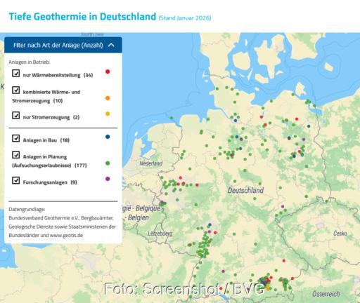 Die digitale Landkarte „Tiefe Geothermieprojekte in Deutschland“.