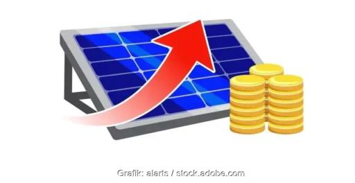 Eine Kurve zeigt nach oben mit PV-Modul und Geldmünzen, die Preise für Solarmodule im Februar 2026 sind deutlich angestiegen.