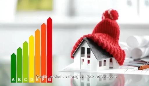 Ein Haus mit Pudelmütze und Energieeffizienzskala, das Gebäudemodernisierungsgesetz verstärkt die Verfehlung vom deutschen Klimaziel im Gebäudesektor.