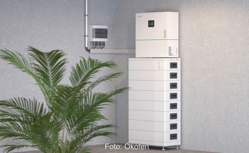 Das Heim-Energiemanagementsystem (HEMS) Greenbox von Ökofen auf dem neuen Batteriespeicher in einem Keller mit Palme.