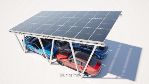 Ein Photovoltaik-Solar-Carport unter dem vier Autos stehen.
