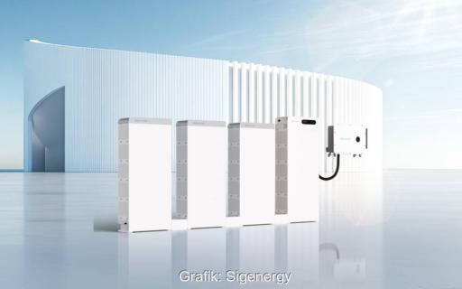 Mehere Batteriespeicher vom Typ SigenStack vor futuristischer Fassade.